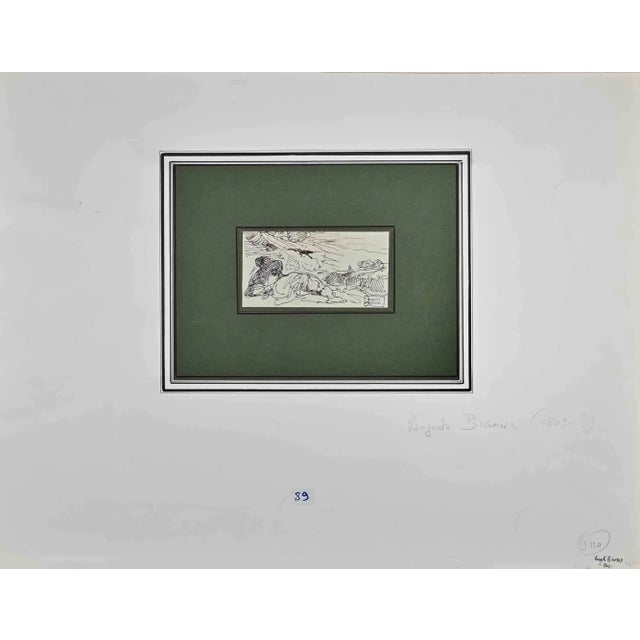 Landscape is an Original China Ink Drawing realized by Auguste Bigand (1803-1875). Good condition included a green and...