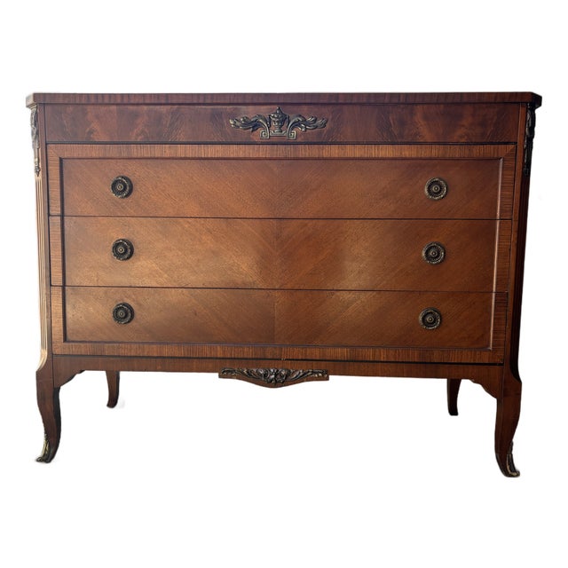 Antique French Empire Style Mahogany Chest of Drawers With Ornate Brass Hardware For Sale
