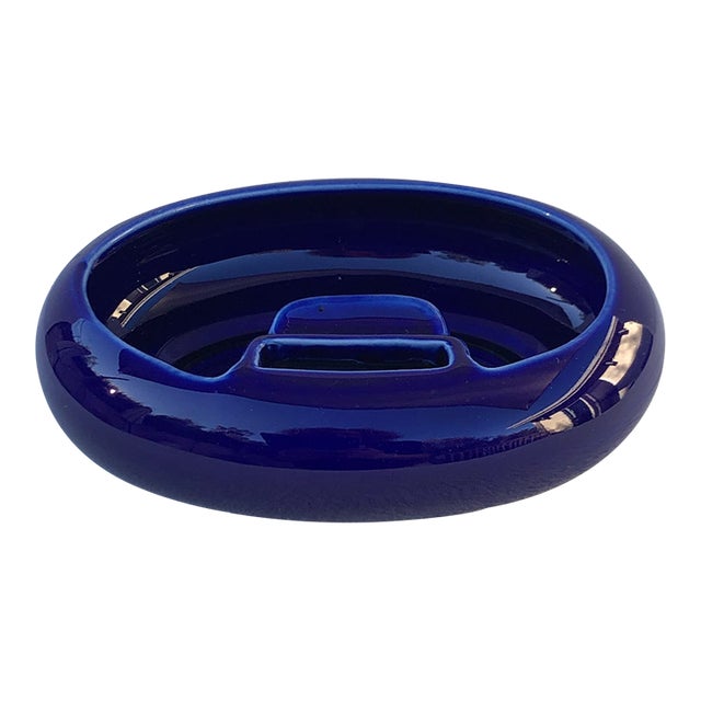 Vintage Hall China Company Cobalt Ashtray With Integrated Matchbook Holder and Cigarette Rest For Sale