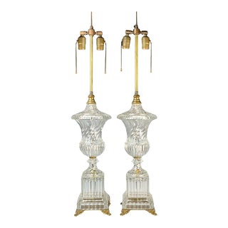 Pair of Baccarat Style Swirl Crystal Table Lamps With Bronze Accents, C. 1920's For Sale