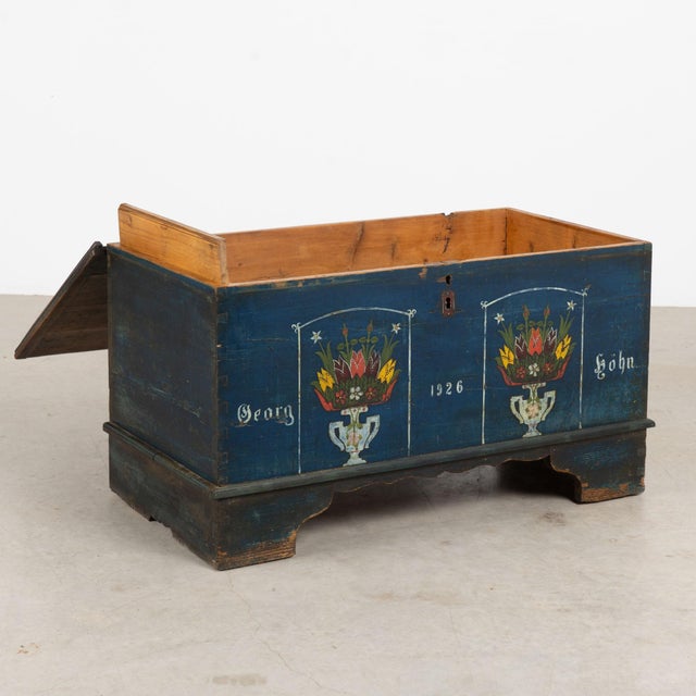Folk Art 1926 Original Blue Hand-Painted Pine Flat Top Trunk For Sale - Image 3 of 15