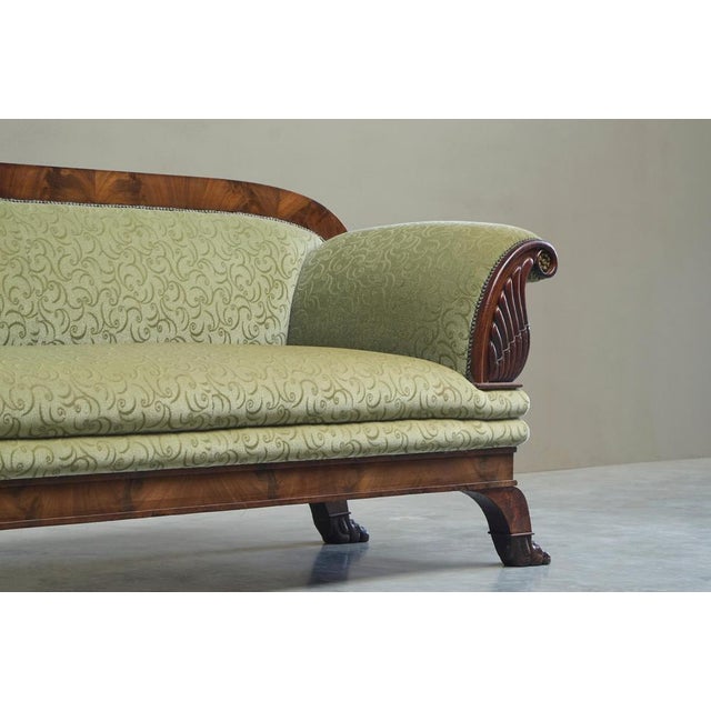 Sculptural Regency Sofa in Figured Mahogany Veneer and Velvet, 1800s For Sale - Image 9 of 11