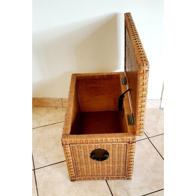Mid-Century Modern Sturdy Chest, Wood Interior W Rattan Exterior, Bronze Handles For Sale - Image 3 of 12