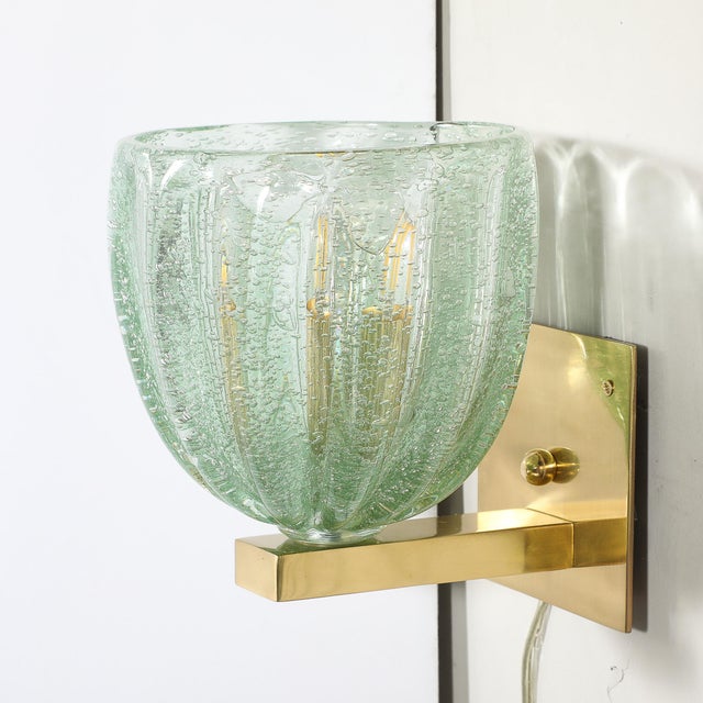 Modernist Hand-Blown Sea Green Fluted Pulegoso Murano Glass & Brass Sconces For Sale - Image 10 of 13
