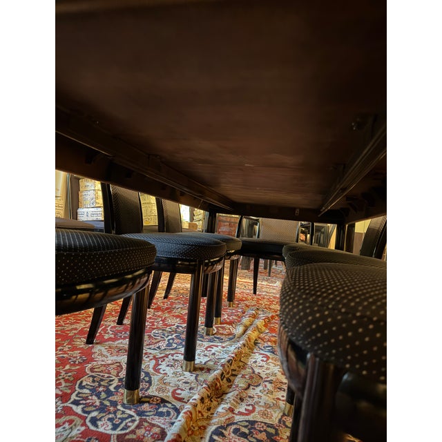 High Quality Vintage Henredon Scene Three Dining Room Set featuring rich Burl Wood with Black Lacquer accents and Brass...