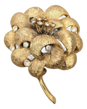 Vintage 1960s Signed Castlecliff Goldtone & Clear Rhinestone Flower Brooch