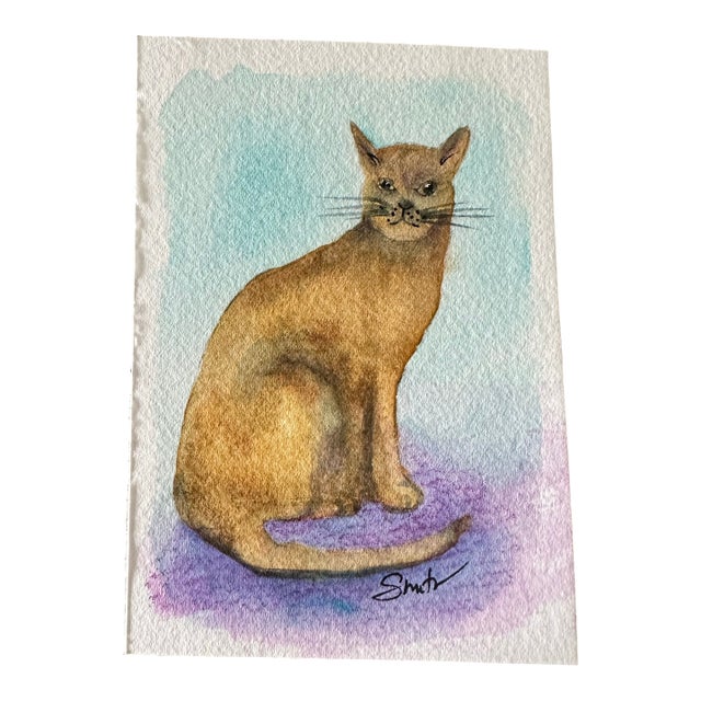 “Golden” Original Miniature Watercolor Cat Portrait by Nancy Smith For Sale