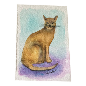 “Golden” Signed Original Miniature Watercolor Cat Portrait by Nancy Smith