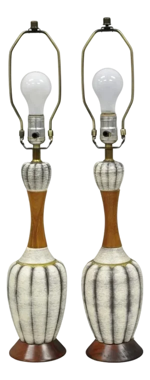 Vintage Mid Century Modern Walnut & Ceramic Small Sculptural Table Lamps - Pair