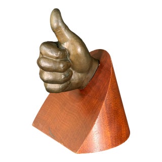 Vintage Cast Bronze Thumbs Up Sculpture on Wood Base c.1950s For Sale