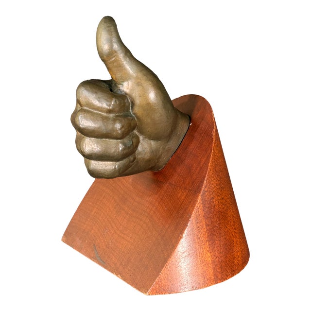 Vintage Cast Bronze Thumbs Up Sculpture on Wood Base c.1950s For Sale