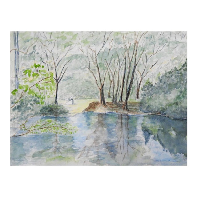 Contemporary River Landscape Watercolor Painting For Sale