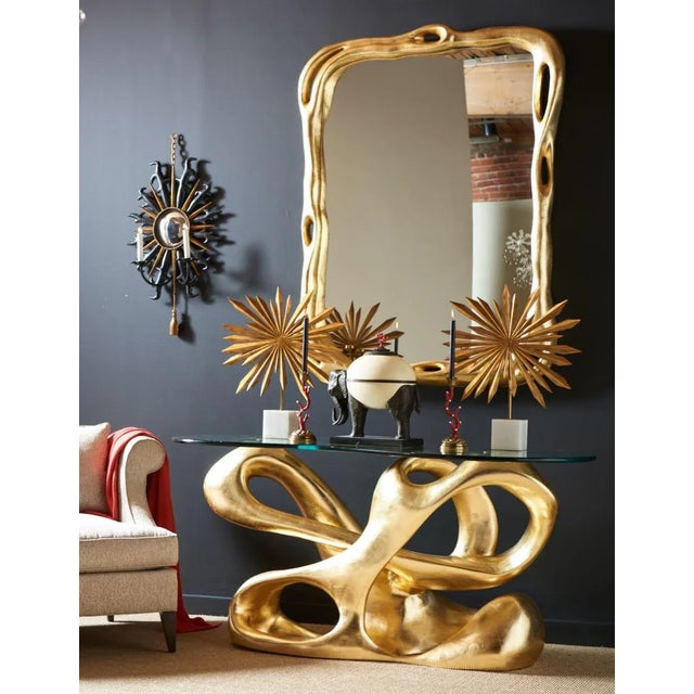 Cast Resin Gold Leaf Biomorphic Console Table with Glass Top