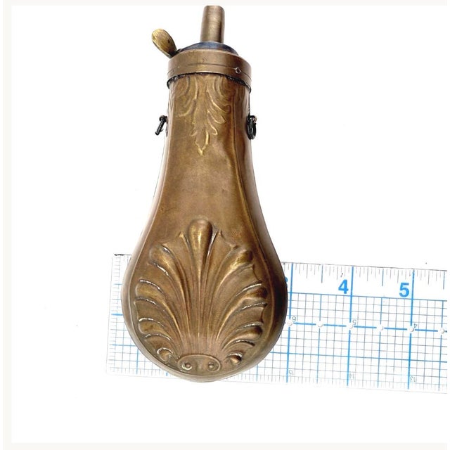 Antique 19th-Century Copper and Brass Powder Flask With Embossed Shell Motif, Civil War Era Firearm and Militaria Collectible For Sale - Image 4 of 11