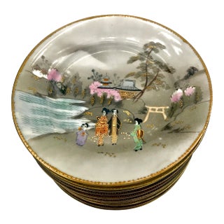 Antique Late Meiji Japanese Satsuma Kutani Eggshell Plates - Set of 9 For Sale