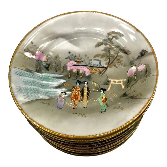 Antique Late Meiji Japanese Satsuma Kutani Eggshell Plates - Set of 9 For Sale