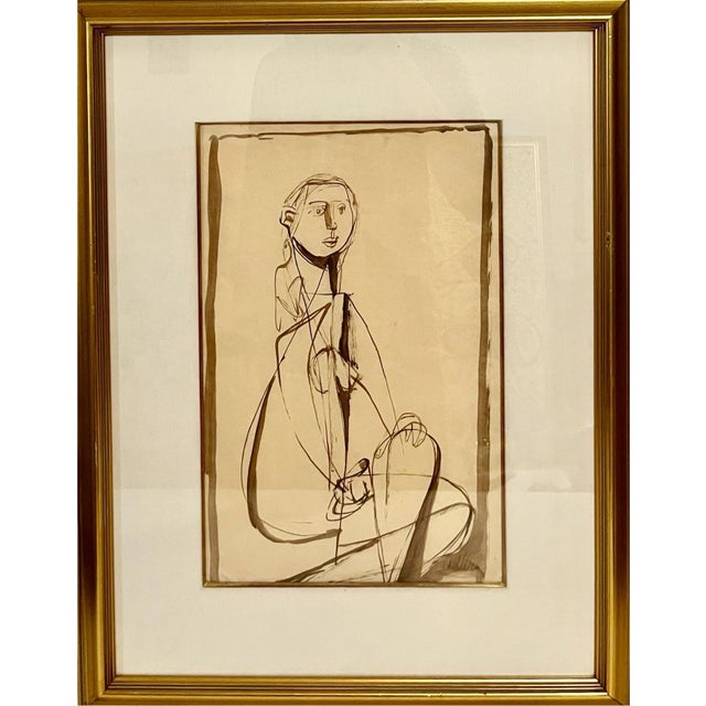 Jankel Adler, Modernist Ink and Wash Drawing, Painting Jankel Adler Woman Model Ecole De Paris, c.1930's-1940's For Sale