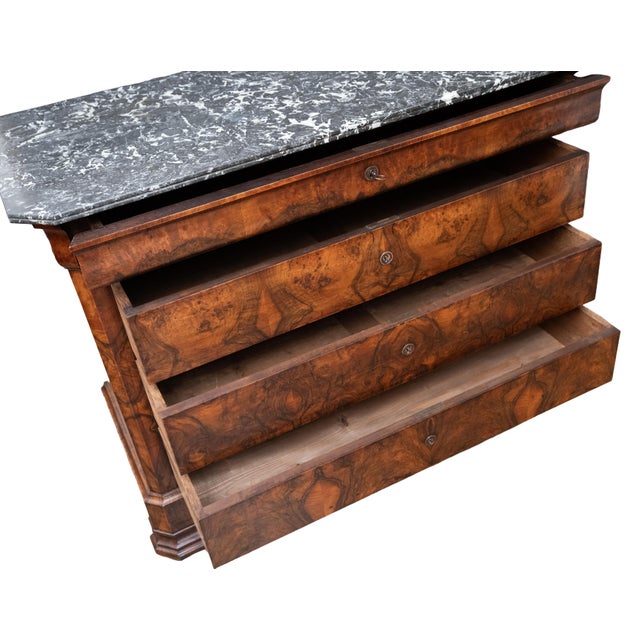 French Louis Philippe Chest or Commode of Burr Walnut With Marble Top For Sale - Image 4 of 12