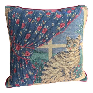 1990s Vintage Cottage Style Cat Tapestry Pillow For Sale