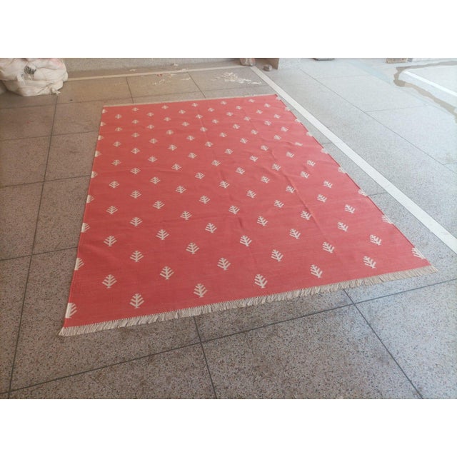 Terra Cotta Handwoven Cotton Area Rug, Terracotta and White Tree Patterned Dhurrie - 6'x9' For Sale - Image 8 of 12