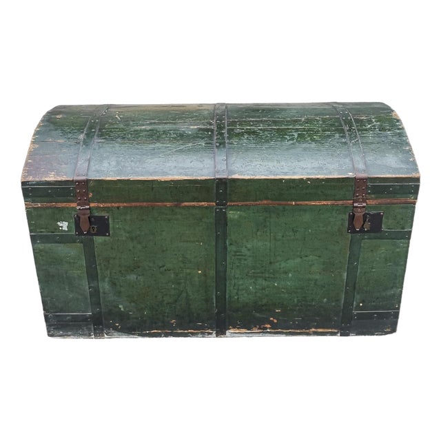 Travel Trunk in Green Varnished Wood, 1900s For Sale
