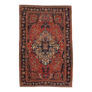 Antique Farahan Sarouk Rug, Handmade Oriental Rug, Rusty Red Navy Blue Very Fine