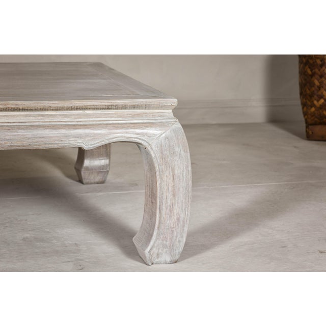 White Teak Ming Style Whitewash Coffee Table with Chow Legs and Carved Apron For Sale - Image 8 of 12
