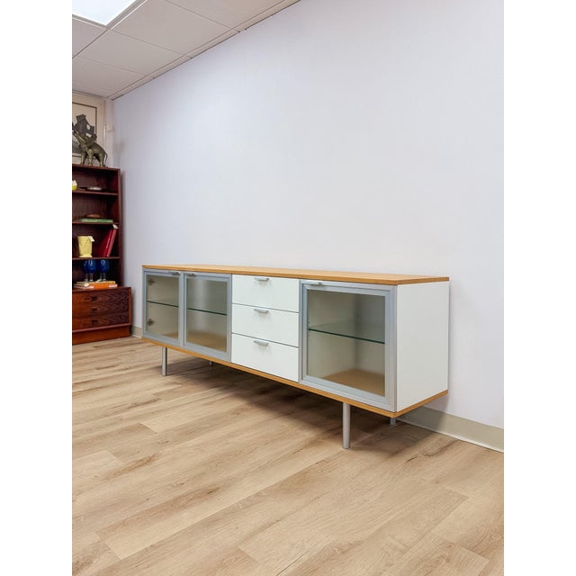 Mid-Century Modern Modern MCM Wood Glass Metal Sideboard Credenza White Natural Frosted Glass For Sale - Image 3 of 13