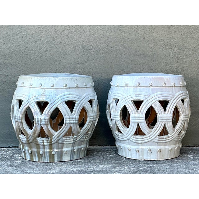 Vintage Glazed Ceramic Keyhole Garden Stools - A Pair For Sale - Image 11 of 12