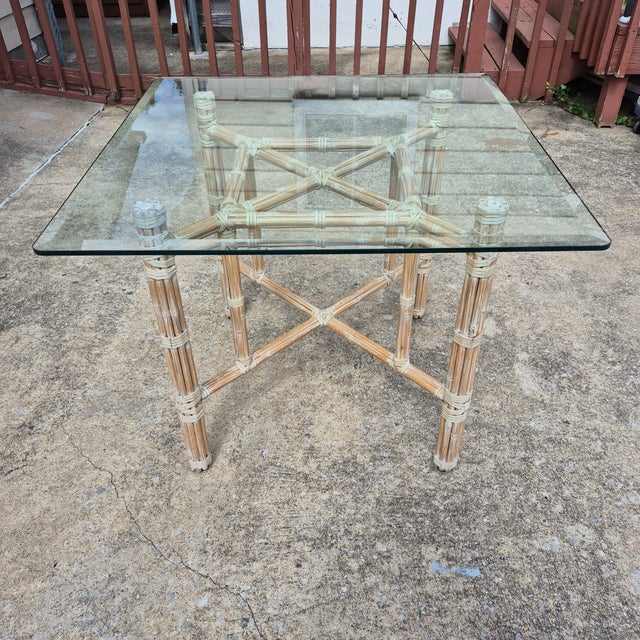 1970s 1970s McGuire Attributed Organic Modern Square Glass Top Rattan Rawhide Base Dining Table For Sale - Image 5 of 13