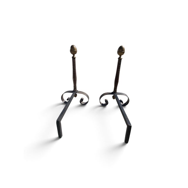 English Antique Wrought Iron and Brass Andirons-a Pair For Sale - Image 3 of 5