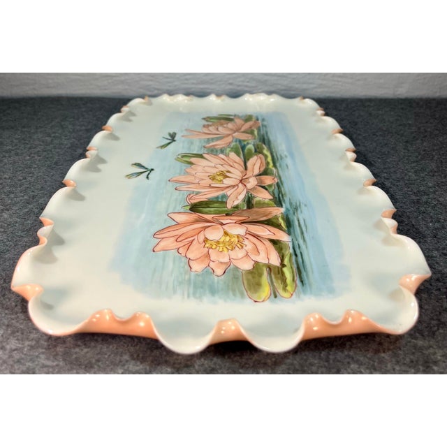 Art Nouveau Antique Hand-Painted Scalloped Porcelain Serving Tray For Sale - Image 3 of 11