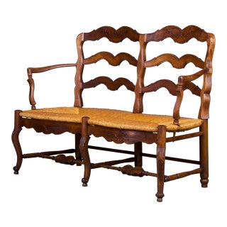 Antique Country French Louis XV Style Walnut Loveseat Bench W/ Rush Seat For Sale