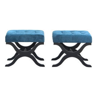Pair of Mid-Century Blue Velvet Benches With X-Bases For Sale