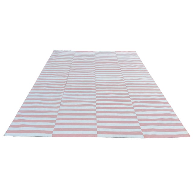 Handwoven Cotton Area Rug, Vegetable Dyed, Pink and Cream Striped Dhurrie - 6'x9' For Sale - Image 9 of 10