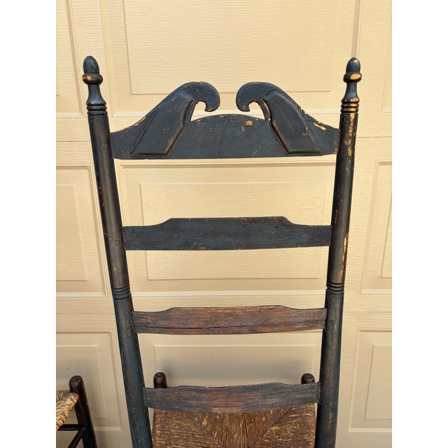 Pair of Antique Black Painted Shaker Ladder Back Chairs With Rush Seats For Sale - Image 16 of 18