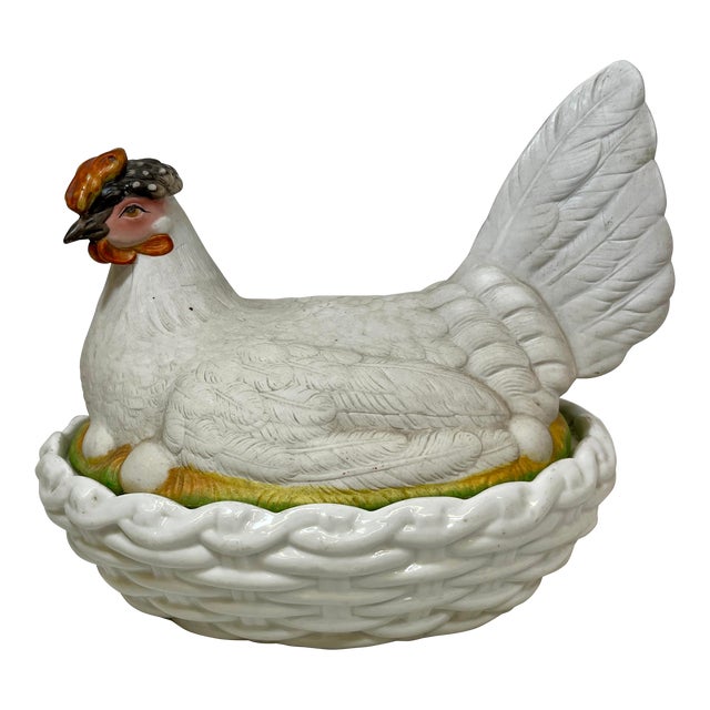 Antique 19th Century Staffordshire Porcelain Hen on a Basketweave Nest From England For Sale