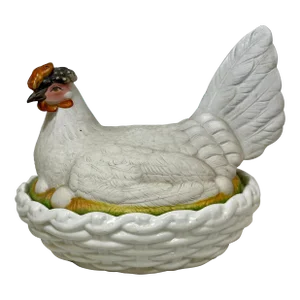 Antique 19th Century Staffordshire Porcelain Hen on a Basketweave Nest From England