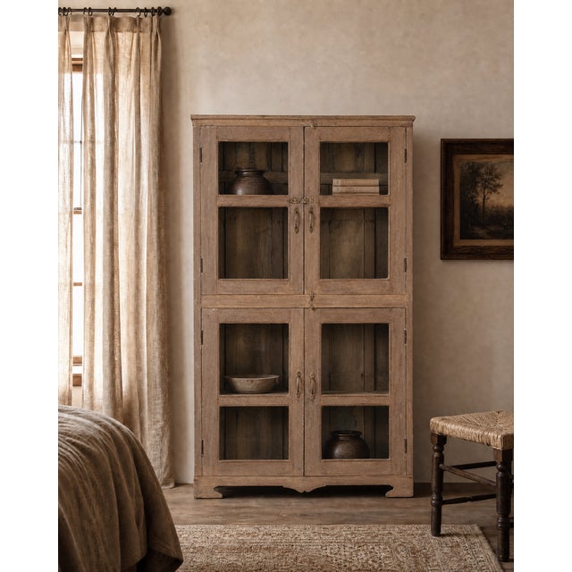 Vintage Indian Glass Armoire | Antique Bleached Wood Cabinet | Wabi Sabi Display Cabinet | Rustic Home Decor For Sale - Image 6 of 6