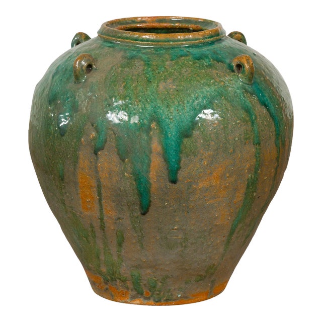 Antique Orange & Brown Jar with Green Drips For Sale