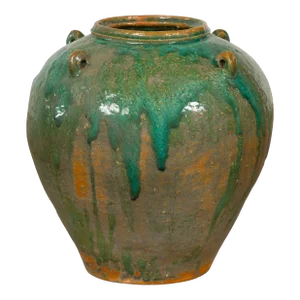 Antique Orange & Brown Jar with Green Drips