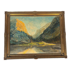 Mountain Lake at Sunset Oil Painting, Signed j.c. Thorn, Circa 1940, Gilt Frame