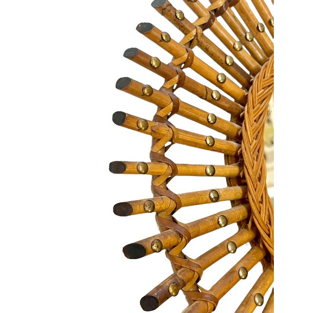 Vintage Italian Rattan Bamboo Sunburst Mirror With Brass Accents For Sale - Image 13 of 14
