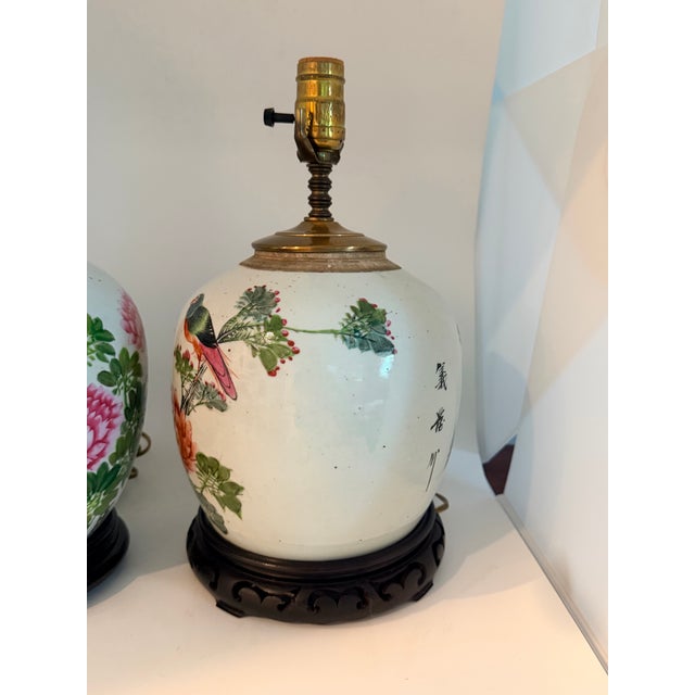 Pair of Chinese Famille Rose Chinoiserie Porcelain Handpainted Ginger Jar Table Lamps, Pink and Green Floral With Birds and Calligraphy For Sale - Image 13 of 18