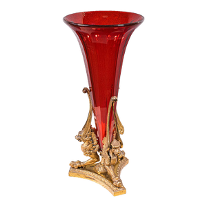 Antique Epergne, French, Gilt Bronze, Cranberry Art Glass, Flower Vase, c.1920