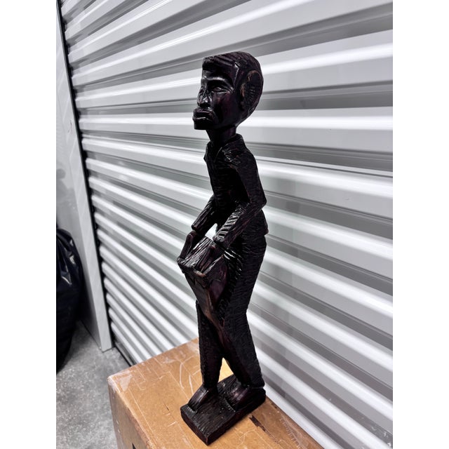 Ebony Vintage Hand-Carved Wooden African Tribal Figurine Depicting a Man Playing a Drum, Crafted From Dense Hardwoods Like Ebony For Sale - Image 8 of 12
