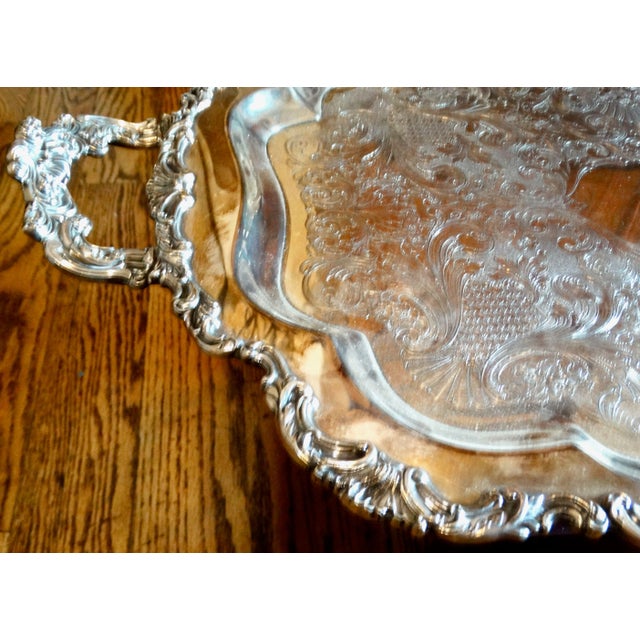 Victorian Large Ornate Silver Serving Tray With Handles For Sale - Image 3 of 11