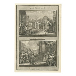 Pieter Mortier, David Dances Before the Ark and Hanun Shames David's Envoys, 1700, Engraving For Sale