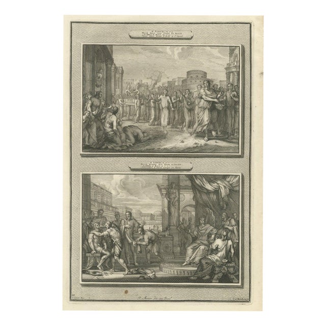 Pieter Mortier, David Dances Before the Ark and Hanun Shames David's Envoys, 1700, Engraving For Sale
