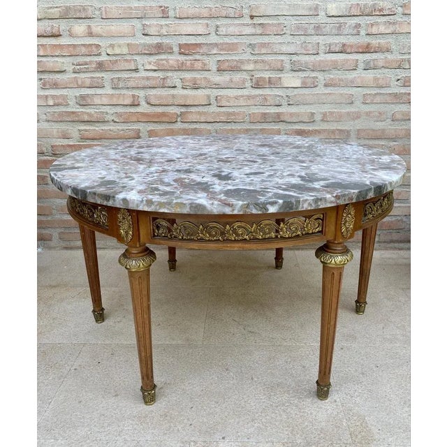 20th Century French Louis XVI Style Bronze, Round Marble & Oak Table For Sale - Image 10 of 10